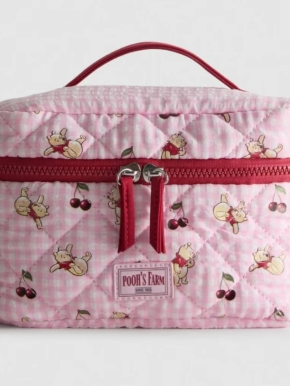 Disney Winnie the Pooh Quilted Makeup Bag Pink Cherry Gingham Yellow Travel Bag